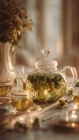 Herbal tea in glass teapot and cups on the tableの写真素材