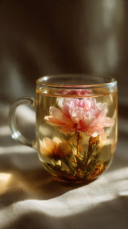 Cup of tea with pink flowers on the table in the sunlightの写真素材