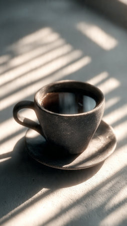 Coffee cup in morning light with shadow from window, stock photoの写真素材