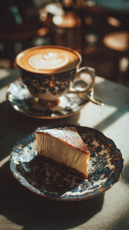 Coffee cup and cheesecake on a table in a cafeの写真素材