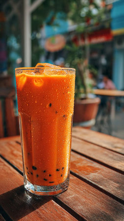 Iced thai milk tea in glass on wooden table, Thailand.の写真素材