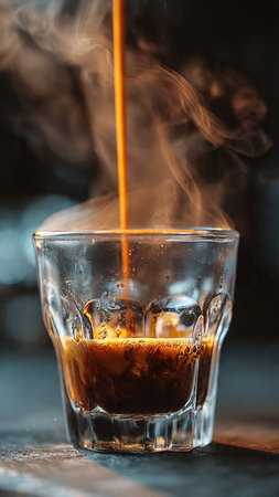 Coffee in a glass with smoke on a dark background.の写真素材