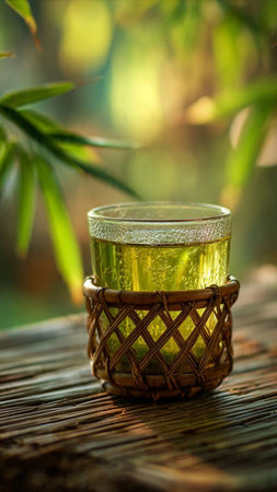 Green tea in a glass cup on a bamboo table with natural backgroundの写真素材