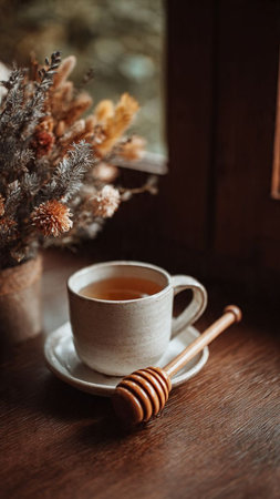 Cup of tea with honey on a wooden table near the windowの写真素材