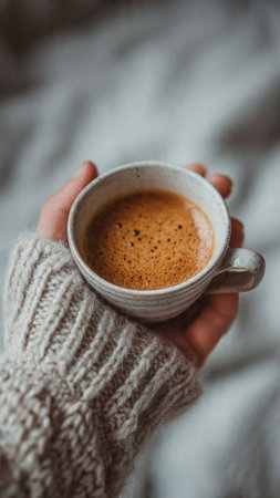 Female hands holding a cup of coffee on a white knitted plaidの写真素材