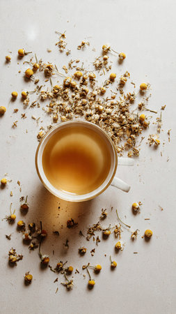 Cup of tea with chamomile flowers on light background