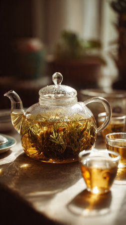 green tea in a glass teapot and cups on the table