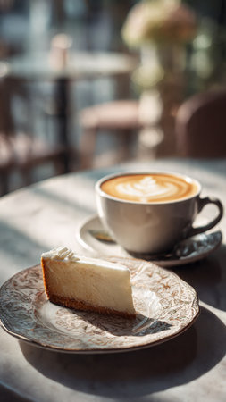 Coffee cup and cheesecake on table in coffee shop.の写真素材