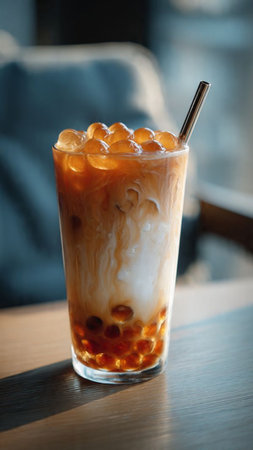 Iced coffee with bubble on table in coffee shop, stock photoの写真素材