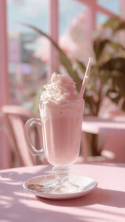 A glass of milkshake with whipped cream on a pink tableの写真素材