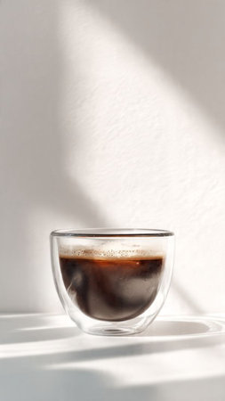Coffee in a glass cup on a white background with sunlightの写真素材