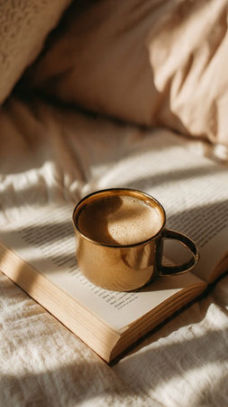 Cup of coffee and book on bed at morning. Morning conceptの写真素材