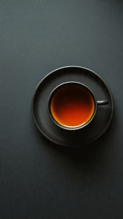 Black cup of tea on a black background. View from above.の写真素材