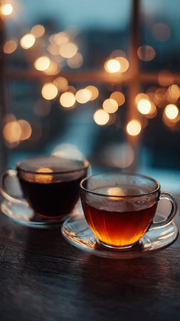 Cup of tea on the background of a window with bokehの写真素材