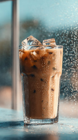 Iced coffee with ice in a glass on the windowsill.の写真素材