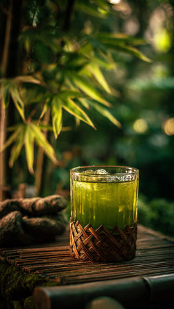 Iced green tea with ice cubes on bamboo table, stock photoの写真素材
