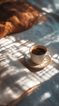 Cup of coffee and book on the bed in the morning sunlight