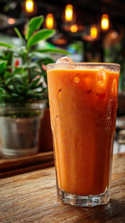 Thai iced tea in a tall glass on a wooden tableの写真素材