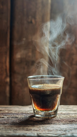 Coffee in a glass on a wooden background with smoke.の写真素材