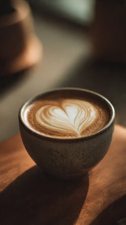 Coffee cup with latte art on wooden table in coffee shopの写真素材
