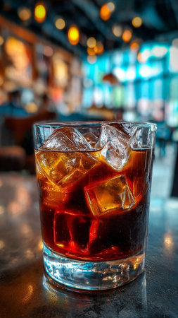 A glass of cola with ice cubes on a bar counter.