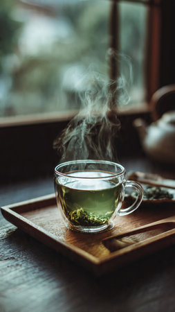 Green tea in a glass cup on a wooden tray, stock photoの写真素材