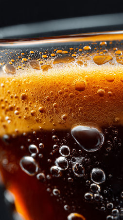 close up of a glass of cola with bubbles on black backgroundの写真素材