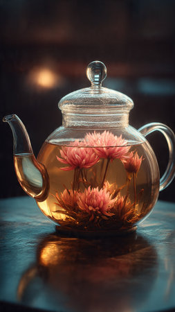 Glass teapot with chrysanthemum tea on the tableの写真素材