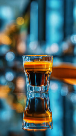 Close up shot of a glass of whiskey on a bar counter.の写真素材