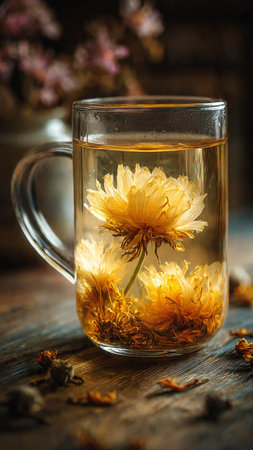 Dry calendula flower tea in a glass cup on a wooden backgroundの写真素材