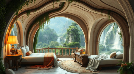 Interior of a bedroom in the jungle. 3D rendering.の写真素材