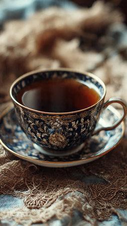 Cup of tea on the table. Vintage style. Selective focus.の写真素材