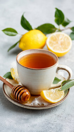 Cup of tea with lemon and honey on a light background.の写真素材