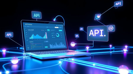 3d rendering of laptop with app icon over blue background with neon lights
