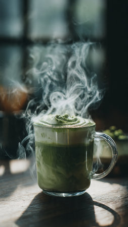 Hot matcha latte on wooden table in cafe, stock photoの写真素材