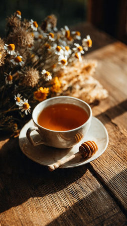 Cup of tea with honey and chamomile flowers on wooden tableの写真素材