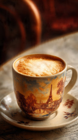 Cup of cappuccino with Eiffel tower on the backgroundの写真素材