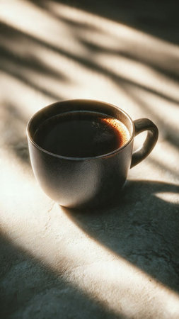 Cup of coffee on the table in the morning light with shadowの写真素材