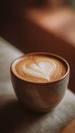 Coffee cup with latte art on wooden table in coffee shopの写真素材