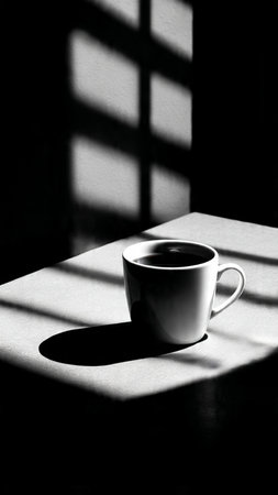 Cup of coffee in the sunlight. Black and white photo.の写真素材