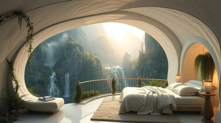 Luxury bedroom interior design in modern style with waterfall in the backgroundの写真素材