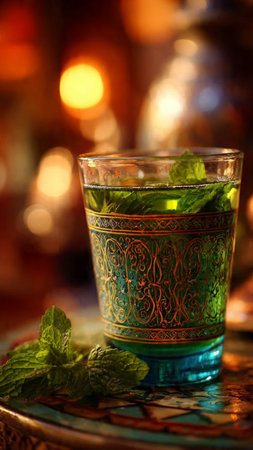 Mint tea in a glass on a dark background with bokehの写真素材
