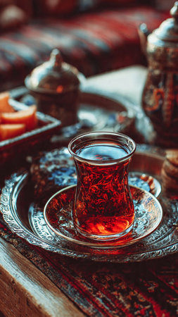 Turkish tea in a glass on a wooden table. Selective focus.の写真素材