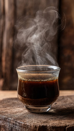 Coffee in a glass cup with steam on a wooden tableの写真素材