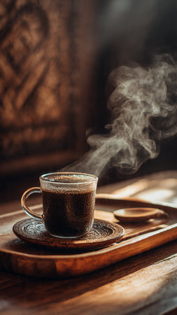 Cup of coffee with steam on a wooden table in a restaurantの写真素材