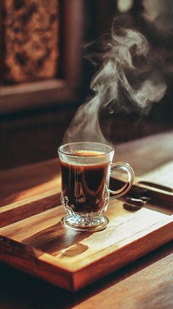 Coffee cup with steam on wooden tray in coffee shop.の写真素材