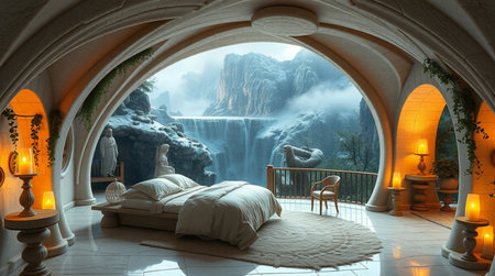 3D rendering of a fantasy bedroom with a waterfall in the backgroundの写真素材
