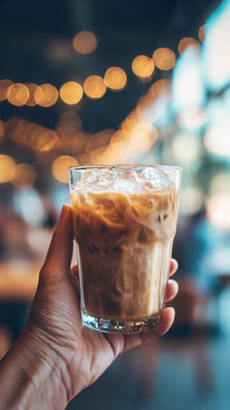 Iced coffee in hand on blur bokeh background, stock photoの写真素材