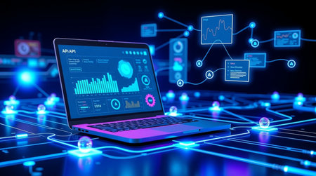 Laptop with digital business interface on blue background. 3D rendering