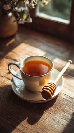Cup of tea with honey on a wooden table in the morningの写真素材